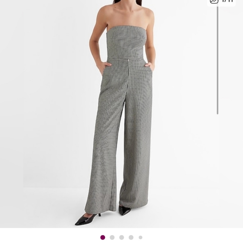 NWT Express Black & White Strapless Houndstooth Wide Leg Jumpsuit